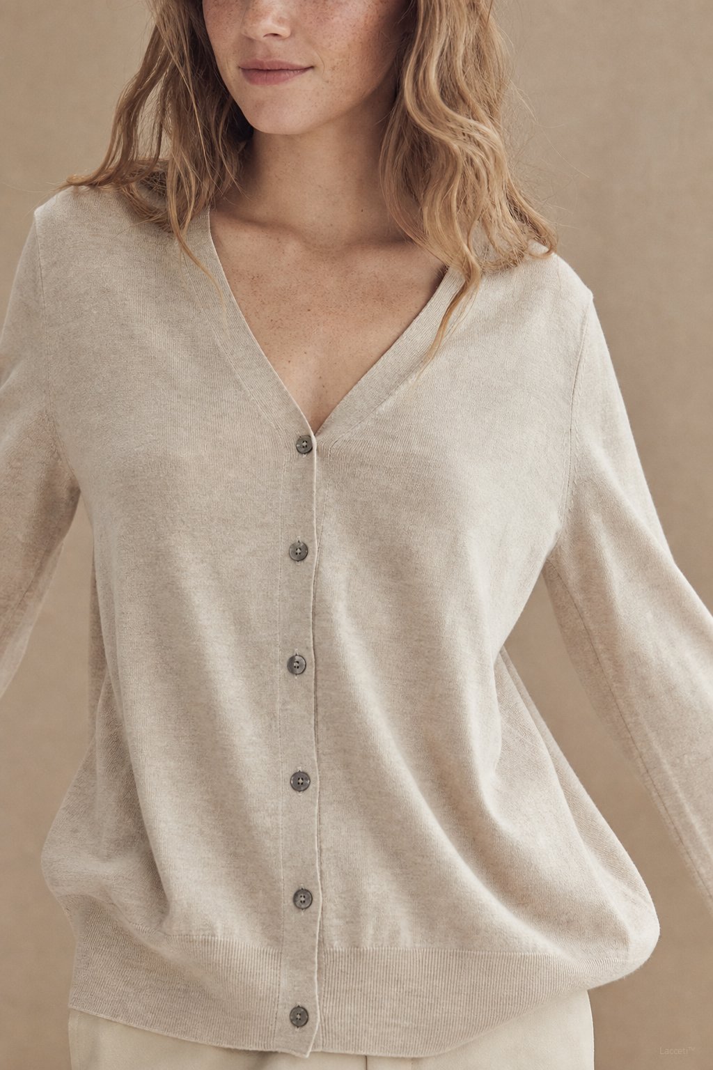Céline V-Neck Cashmere & Silk Cardigan — Beige, banana_republic product shot