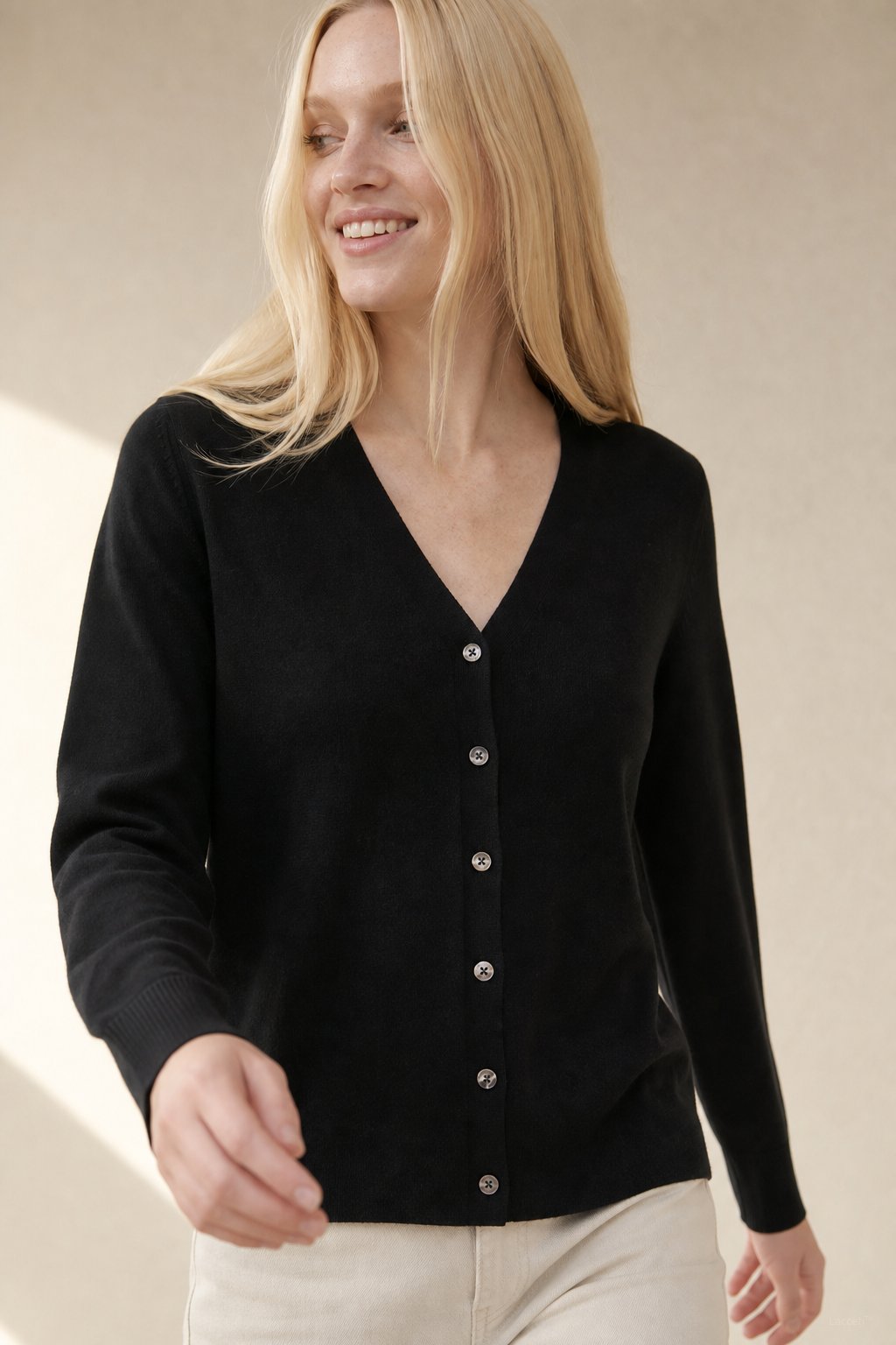 Céline V-Neck Cashmere & Silk Cardigan — Black, banana_republic product shot