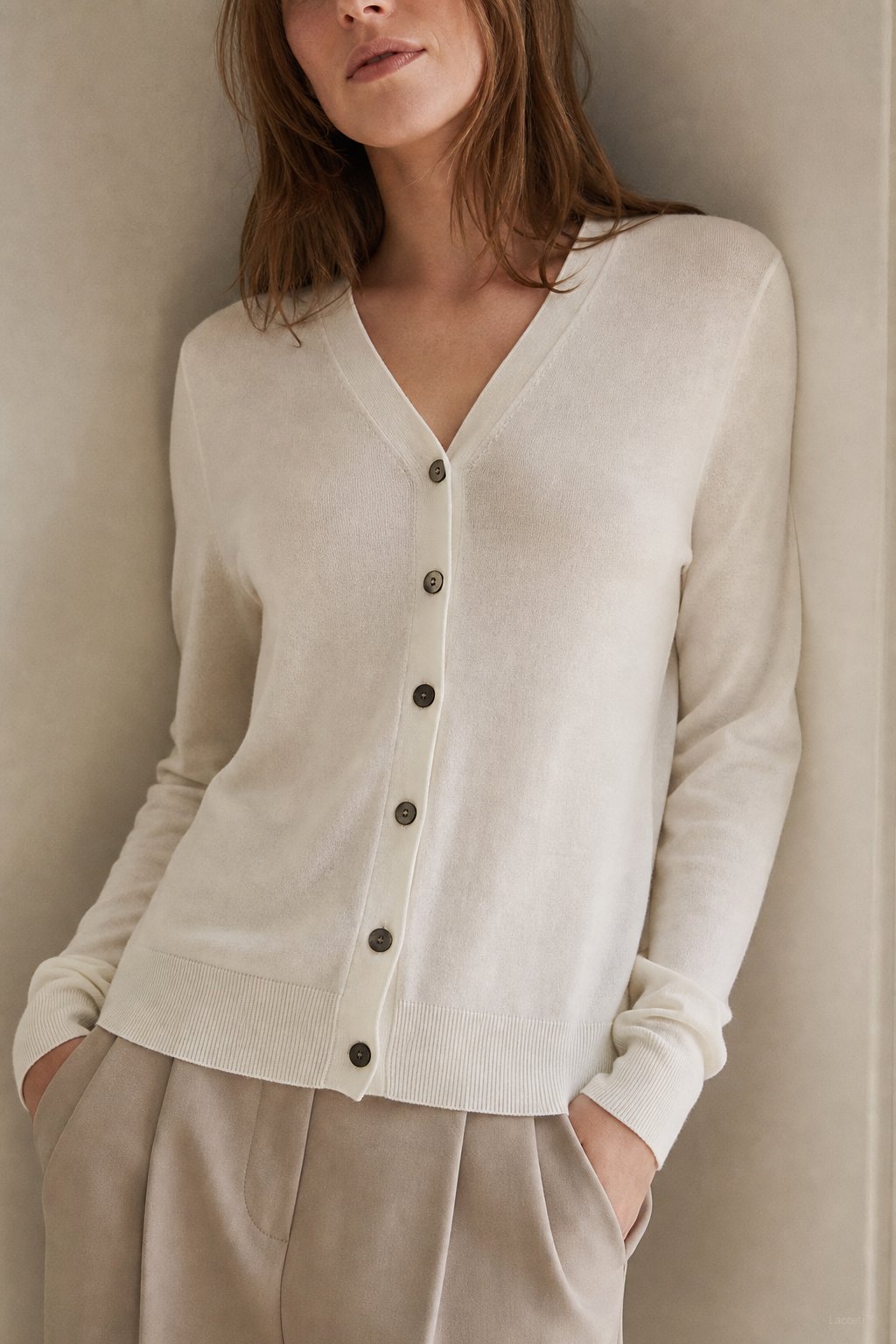 Céline V-Neck Cashmere & Silk Cardigan — White, banana_republic product shot