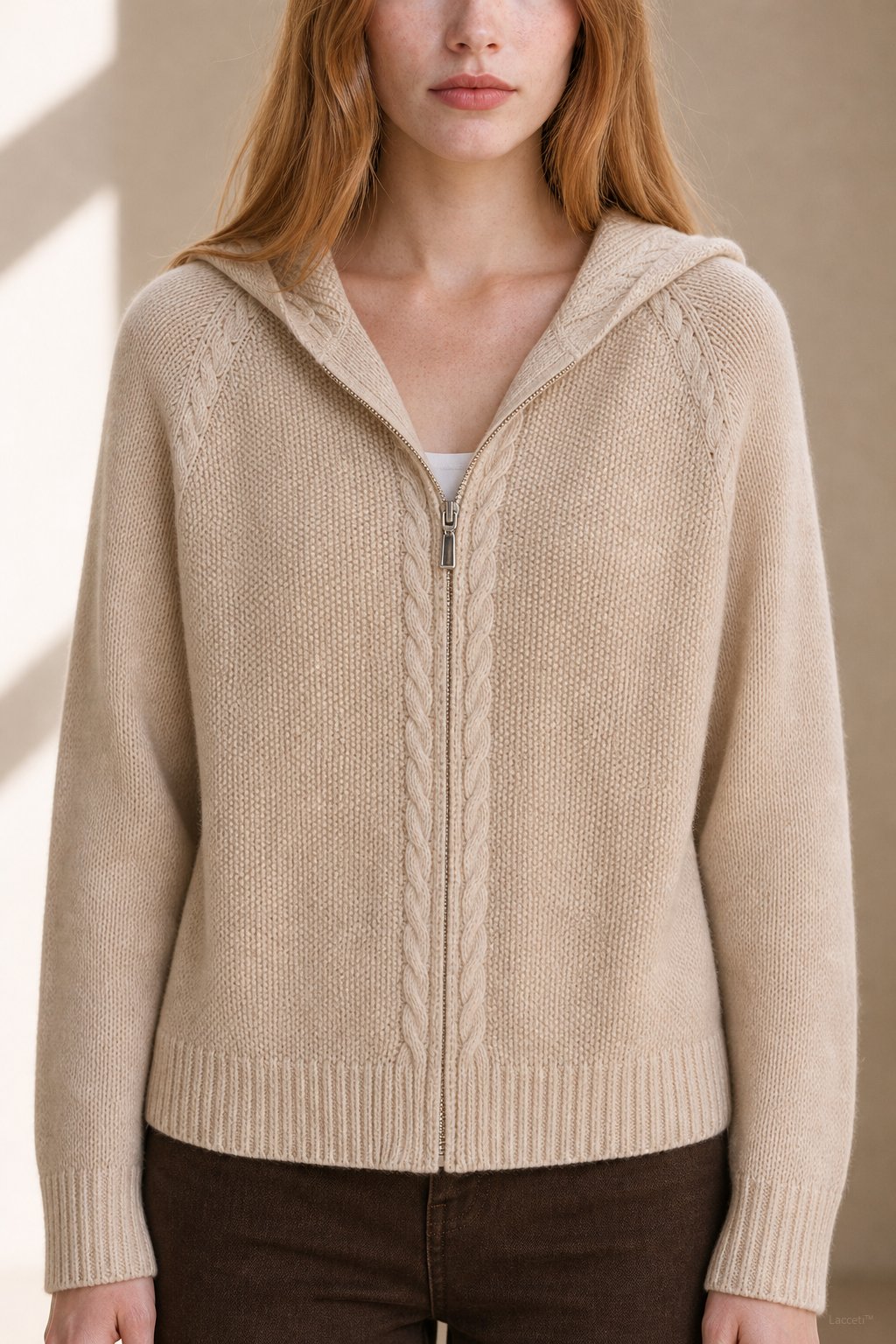 Elinsborg Cashmere Hooded Cardigan — Beige, studio product shot