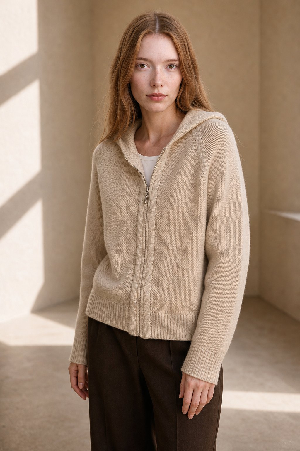 Elinsborg Cashmere Hooded Cardigan — Beige, studio product shot