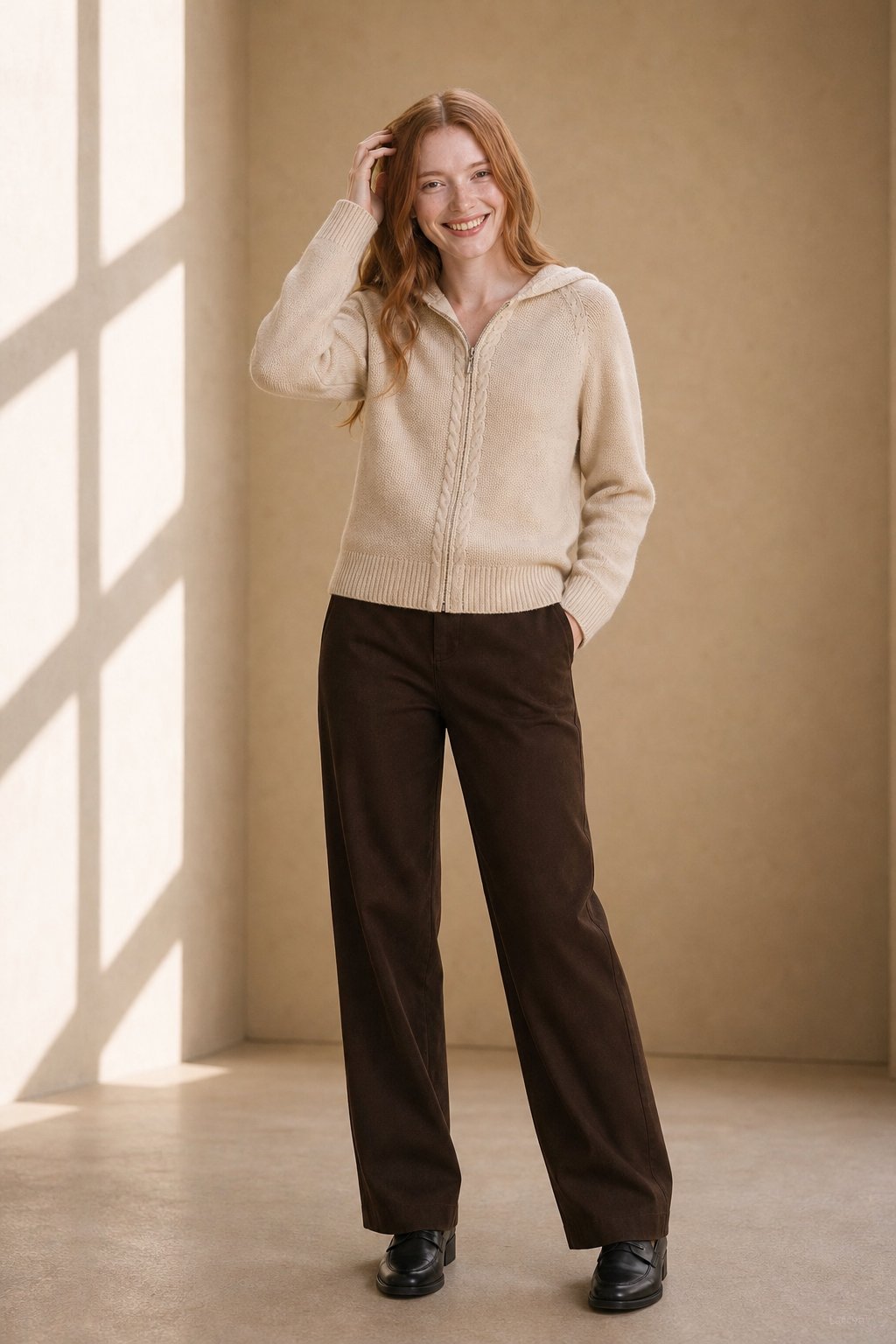 Elinsborg Cashmere Hooded Cardigan — Beige, studio product shot