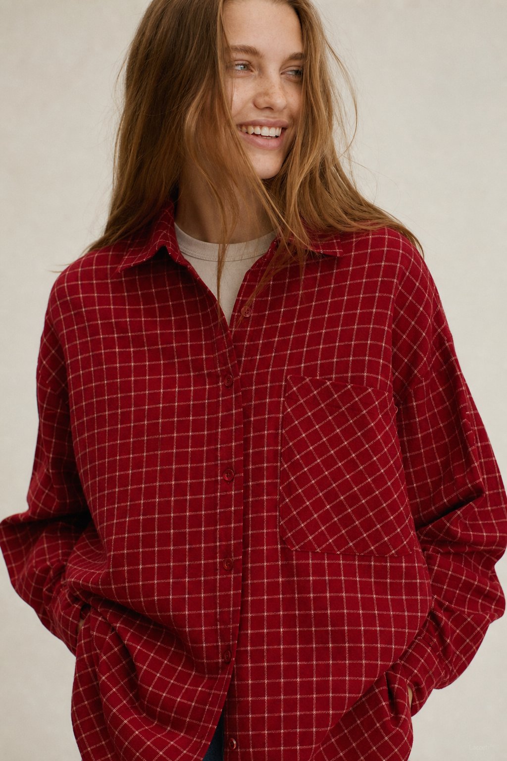 Garance Plaid Oversize Blouse — Red, banana_republic product shot