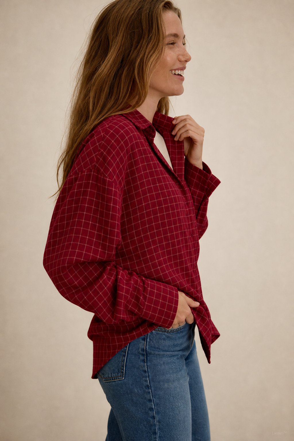 Garance Plaid Oversize Blouse — Red, banana_republic product shot