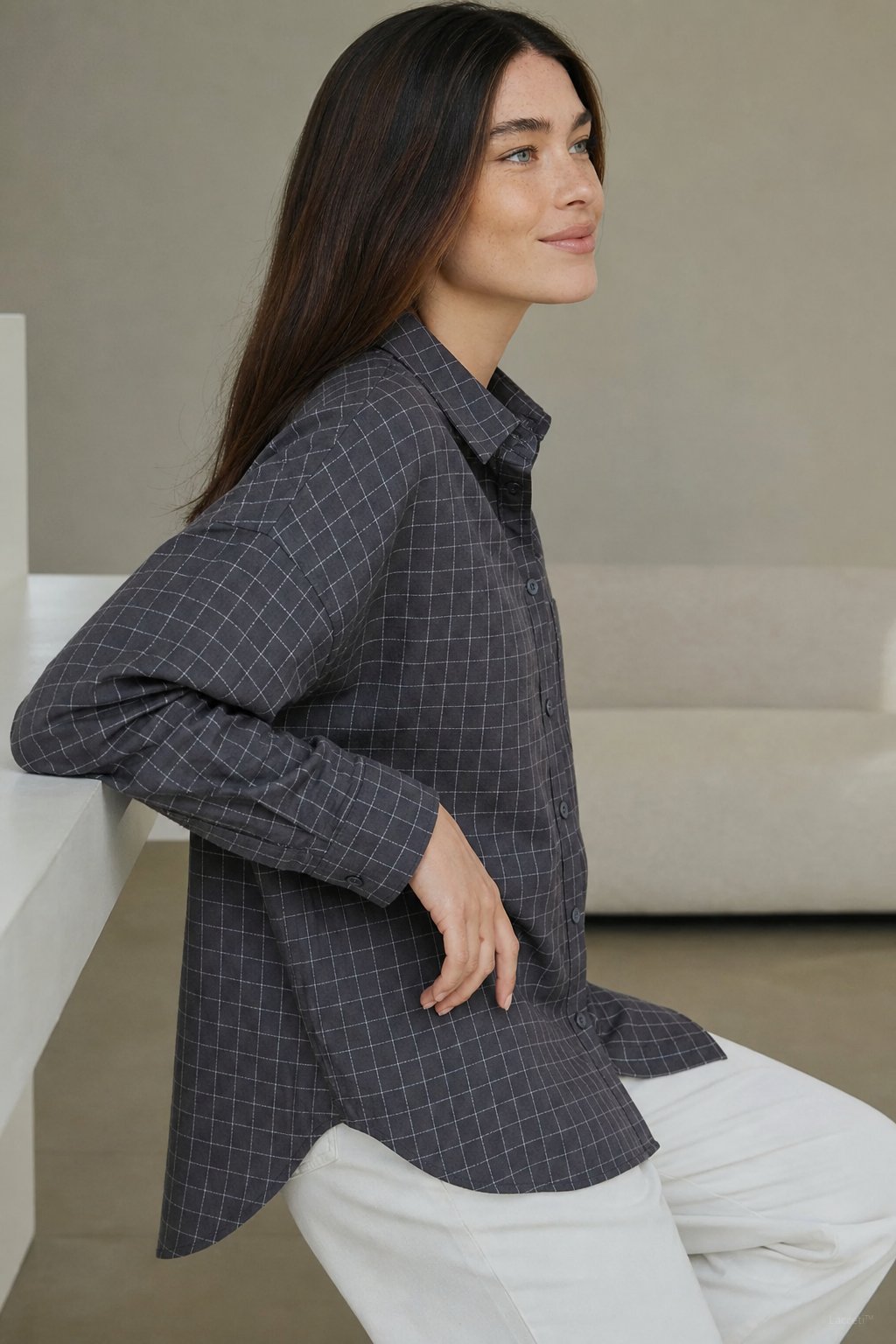 Garance Plaid Oversize Blouse — Gray, banana_republic product shot