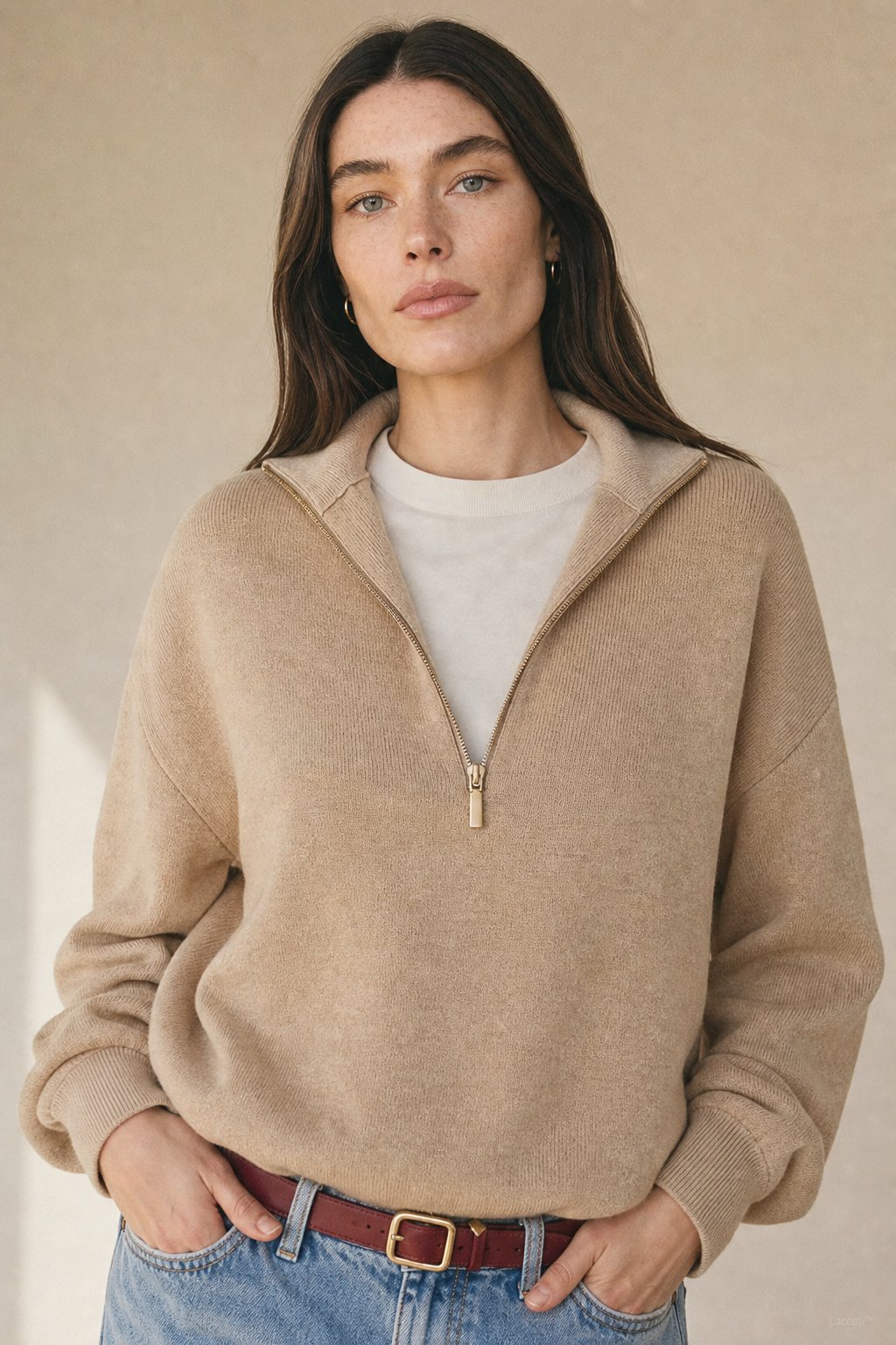 Isaure Half-Zip Top — Camel, banana_republic product shot