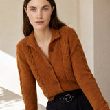 Madeline Cable-Knit Cashmere Cardigan — Fire Orange, studio product shot