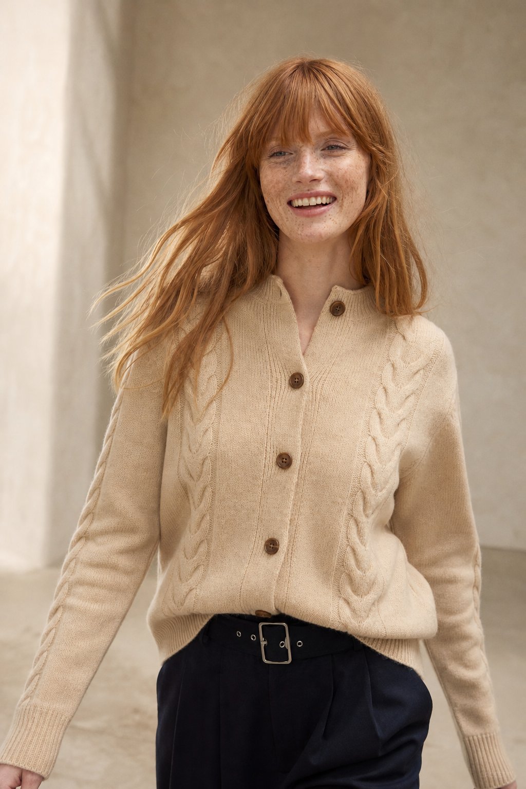 Madeline Cable-Knit Cashmere Cardigan — Beige, studio product shot