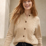 Madeline Cable-Knit Cashmere Cardigan — Beige, studio product shot