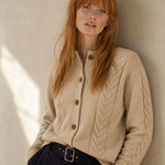 Madeline Cable-Knit Cashmere Cardigan — Beige, studio product shot
