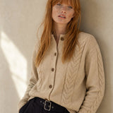 Madeline Cable-Knit Cashmere Cardigan — Beige, studio product shot