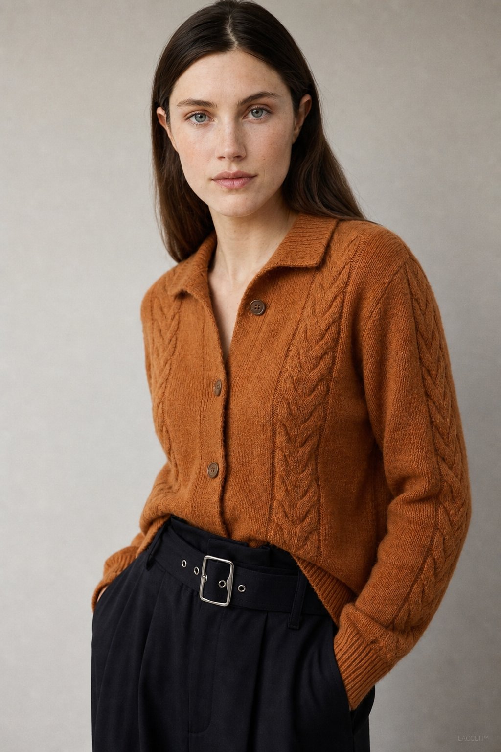 Madeline Cable-Knit Cashmere Cardigan — Fire Orange, studio product shot