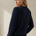 Madeline Cable-Knit Cashmere Cardigan — Navy, studio product shot