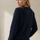 Madeline Cable-Knit Cashmere Cardigan — Navy, studio product shot