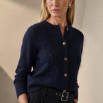 Madeline Cable-Knit Cashmere Cardigan — Navy, studio product shot
