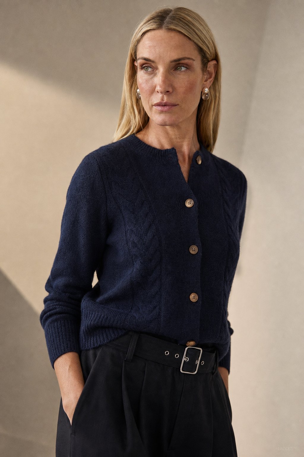 Madeline Cable-Knit Cashmere Cardigan — Navy, studio product shot