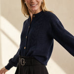 Madeline Cable-Knit Cashmere Cardigan — Navy, studio product shot