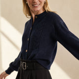 Madeline Cable-Knit Cashmere Cardigan — Navy, studio product shot