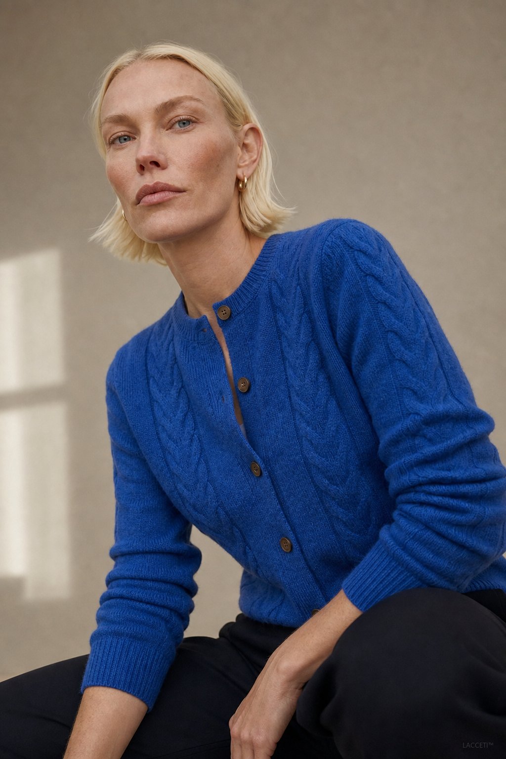 Madeline Cable-Knit Cashmere Cardigan — Blue, studio product shot