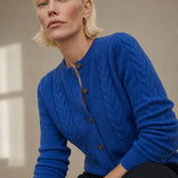 Madeline Cable-Knit Cashmere Cardigan — Blue, studio product shot