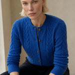 Madeline Cable-Knit Cashmere Cardigan — Blue, studio product shot