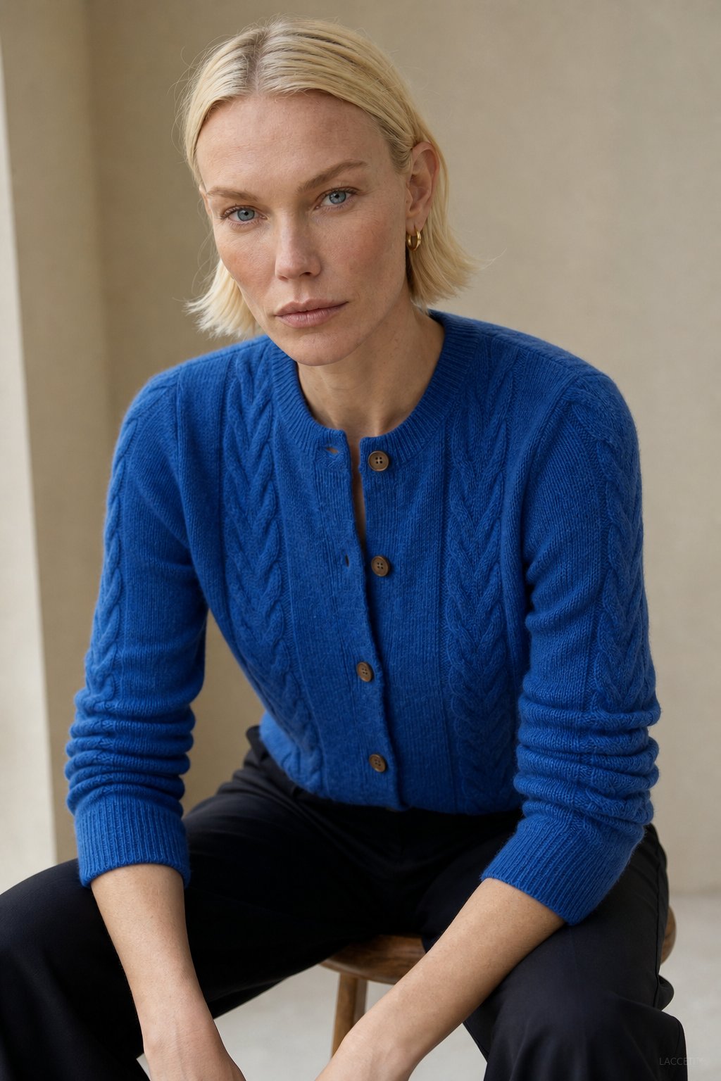 Madeline Cable-Knit Cashmere Cardigan — Blue, studio product shot
