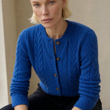 Madeline Cable-Knit Cashmere Cardigan — Blue, studio product shot