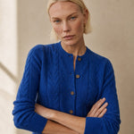 Madeline Cable-Knit Cashmere Cardigan — Blue, studio product shot