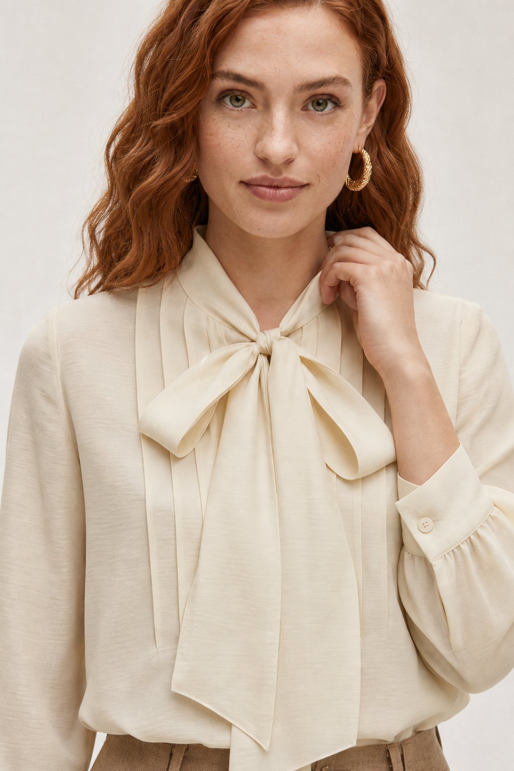 Noémie Tie Neck Blouse — Beige, banana_republic product shot