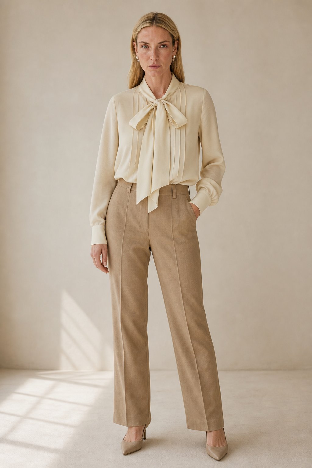 Noémie Tie Neck Blouse — Beige, banana_republic product shot