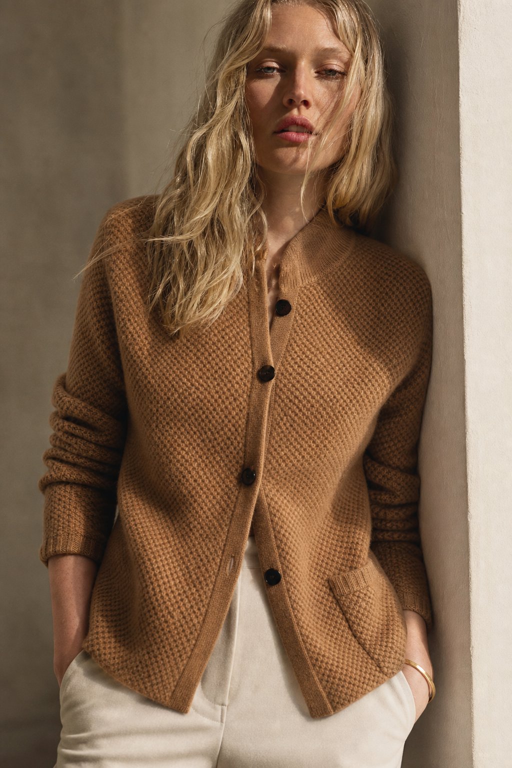 Solène Waffle-Knit Cardigan — Brown, banana_republic product shot
