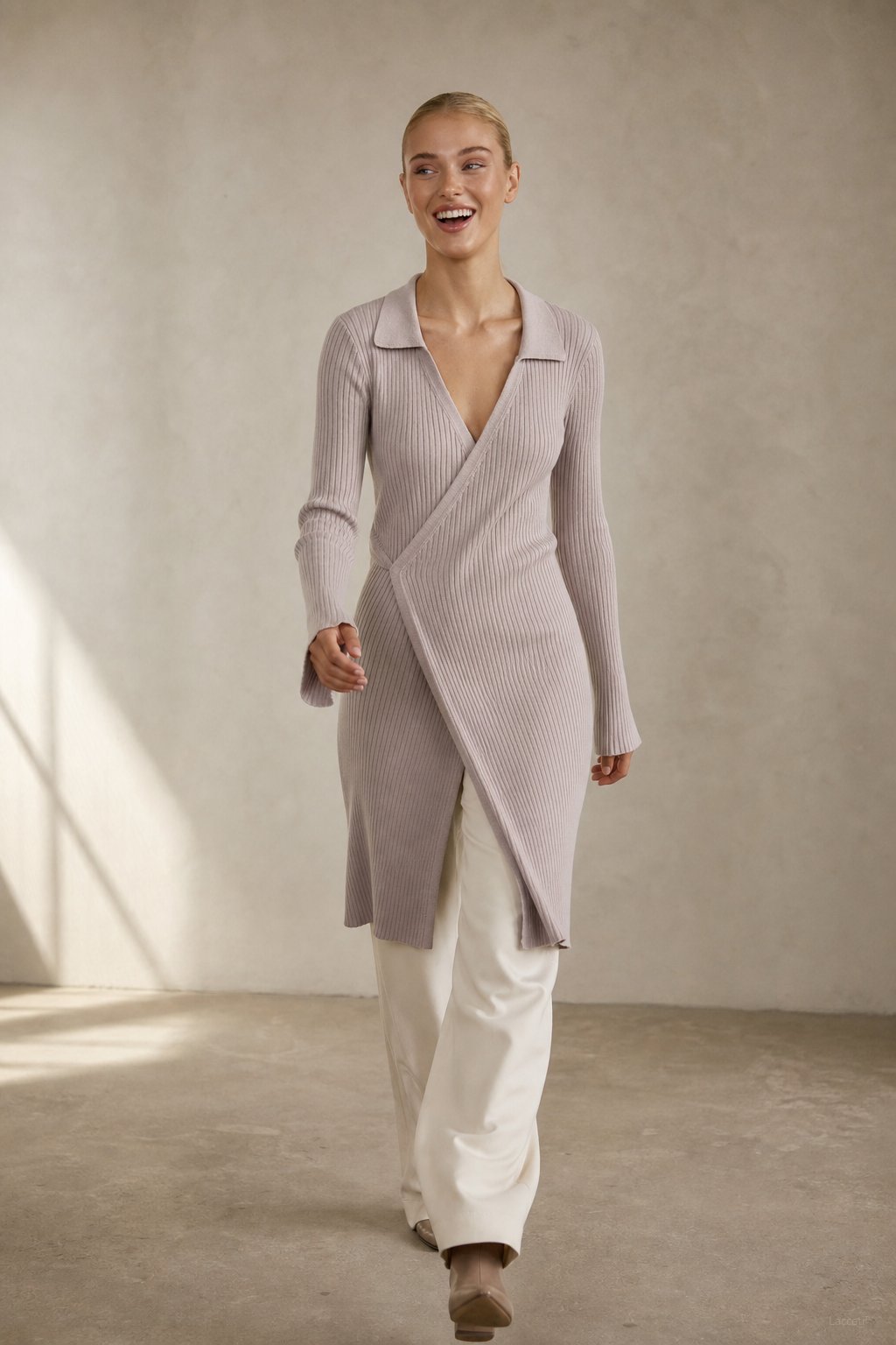 Théa Wrap Midi Dress — Light Gray, banana_republic product shot