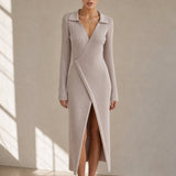 Théa Wrap Midi Dress — Light Gray, banana_republic product shot