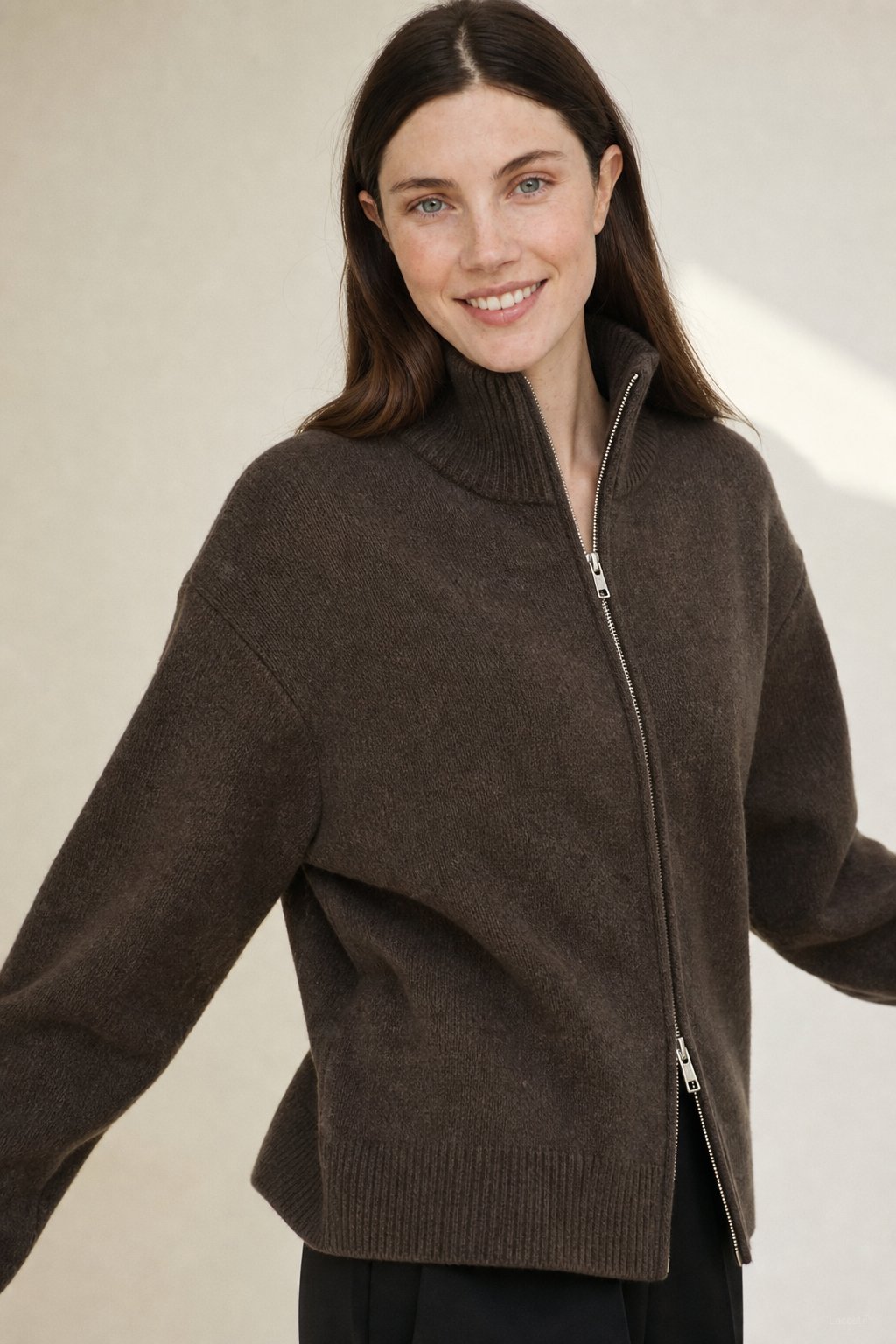 Valérie Minimalist Knit Zip Up — Brown, banana_republic product shot