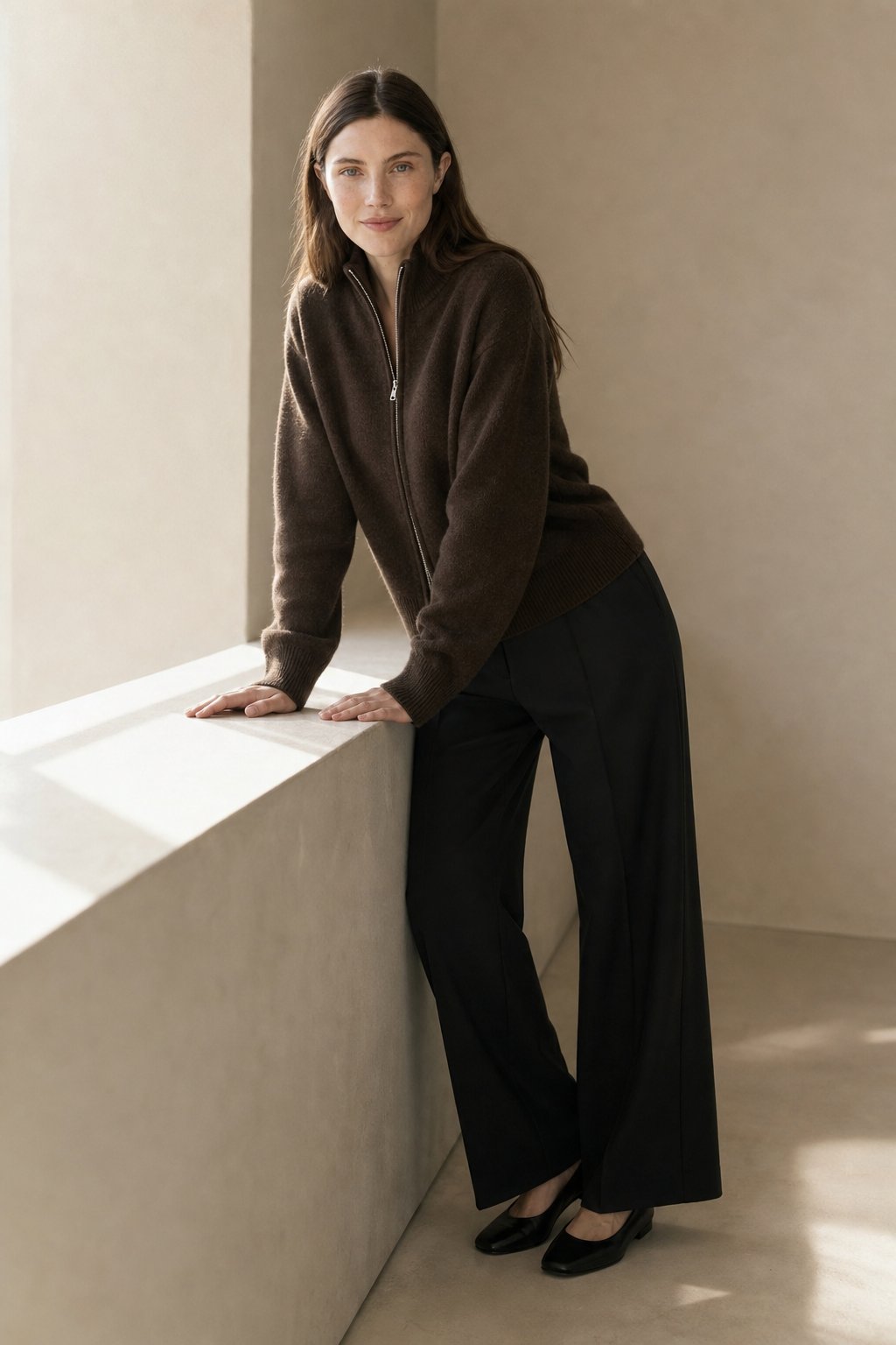 Valérie Minimalist Knit Zip Up — Brown, banana_republic product shot