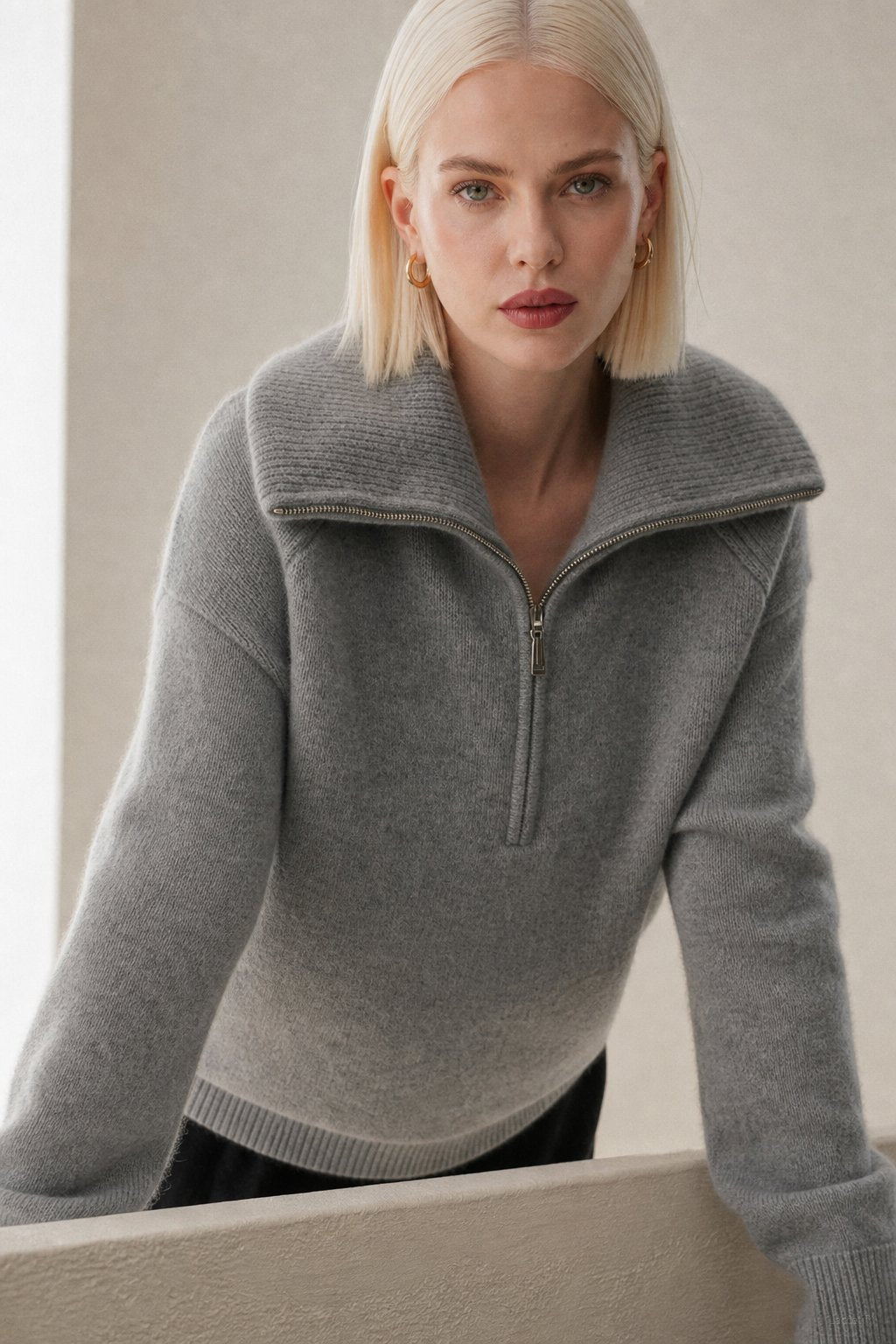 Victoire Half-Zip Stand Collar Sweater — Gray, banana_republic product shot