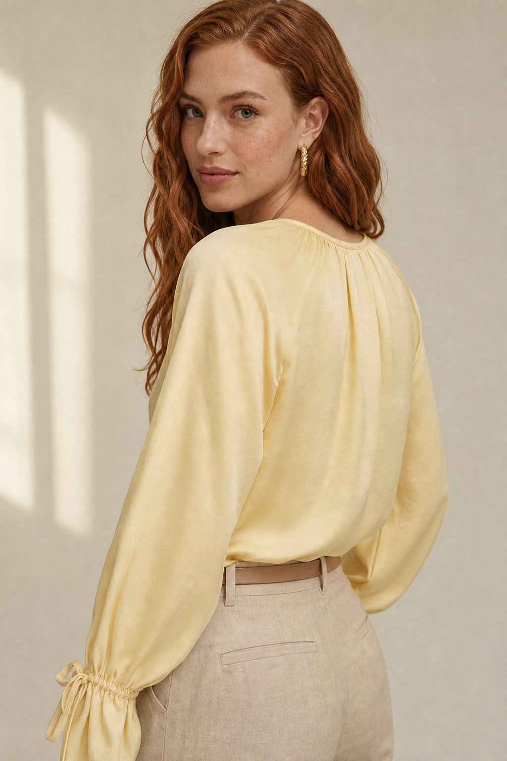 Liora Satin Ruffle Blouse — Yellow, banana_republic product shot