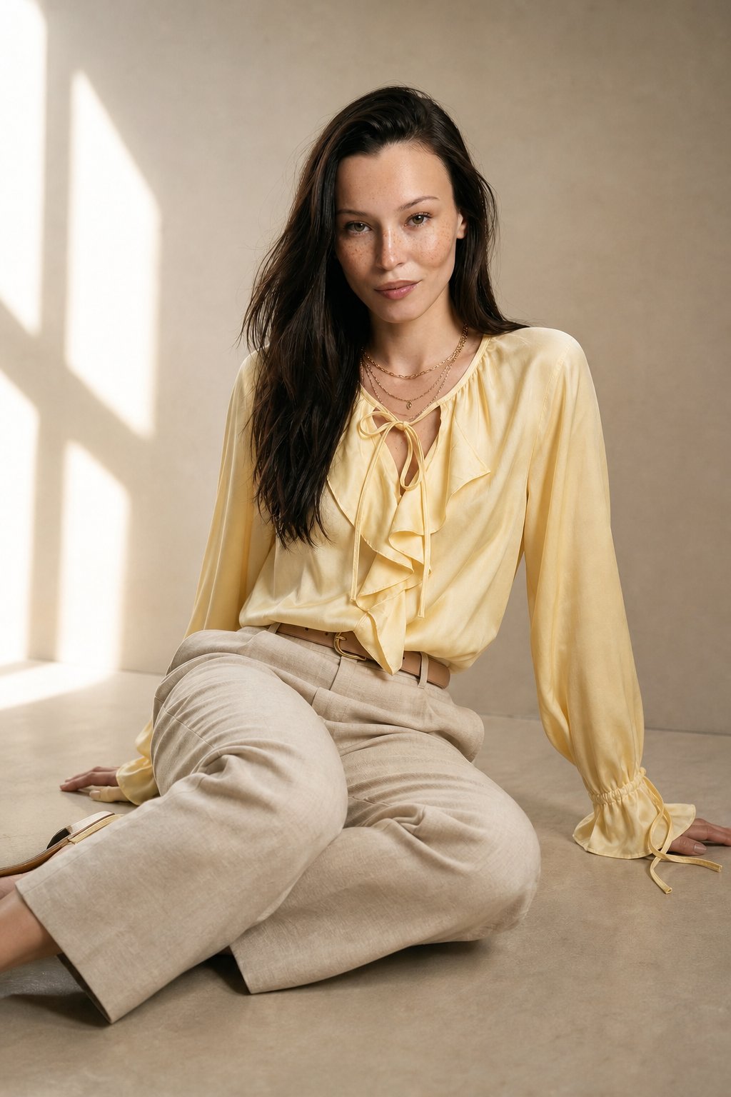 Liora Satin Ruffle Blouse — Yellow, banana_republic product shot