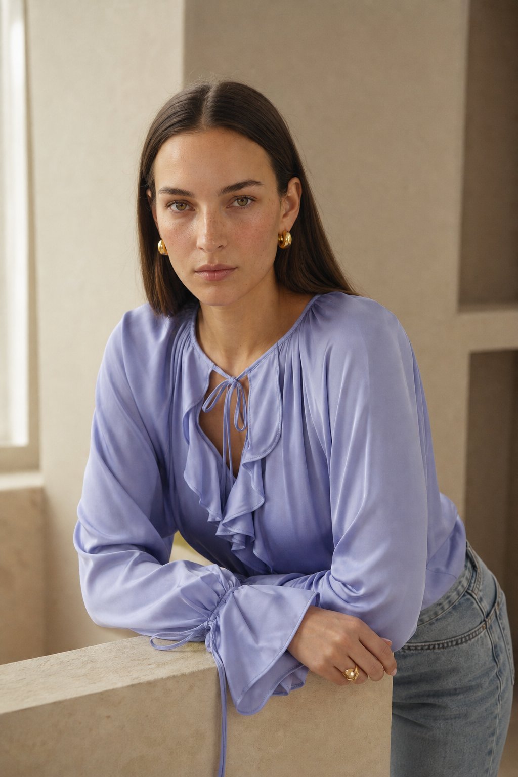 Liora Satin Ruffle Blouse — Blue, banana_republic product shot