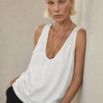 Lissia Deep Drape Satin Tank — White, studio product shot