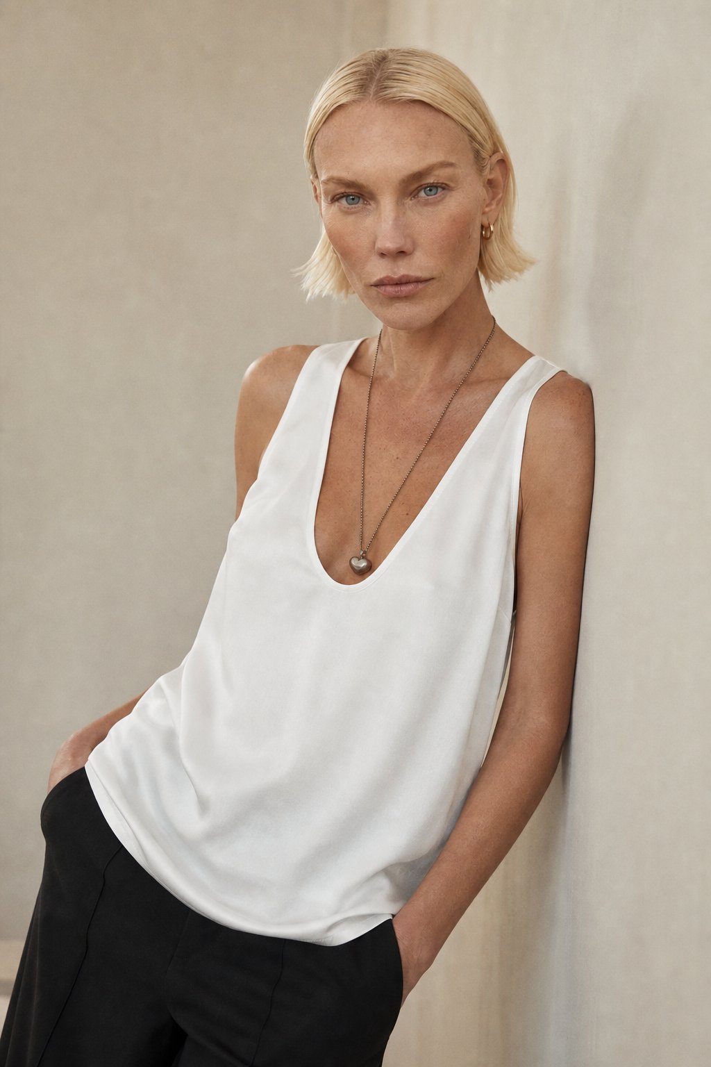 Lissia Deep Drape Satin Tank — White, studio product shot