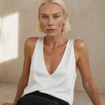 Lissia Deep Drape Satin Tank — White, studio product shot