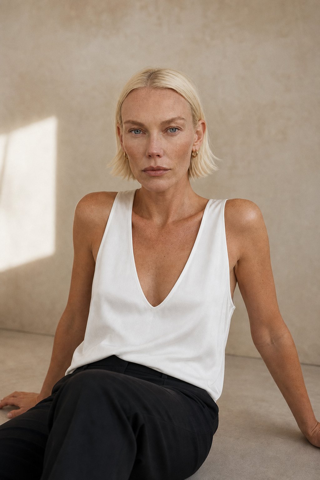Lissia Deep Drape Satin Tank — White, studio product shot