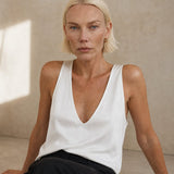 Lissia Deep Drape Satin Tank — White, studio product shot