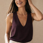 Lissia Deep Drape Satin Tank — Burgundy, studio product shot