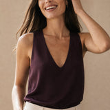 Lissia Deep Drape Satin Tank — Burgundy, studio product shot