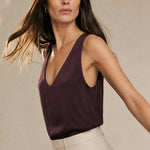 Lissia Deep Drape Satin Tank — Burgundy, studio product shot