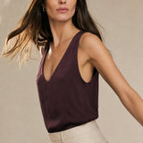 Lissia Deep Drape Satin Tank — Burgundy, studio product shot