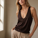 Lissia Deep Drape Satin Tank — Brown, studio product shot