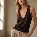 Lissia Deep Drape Satin Tank — Brown, studio product shot